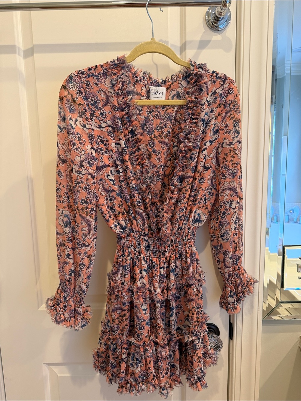 Misa Los Angeles Pink and Navy Floral Ruffle Mini Dress